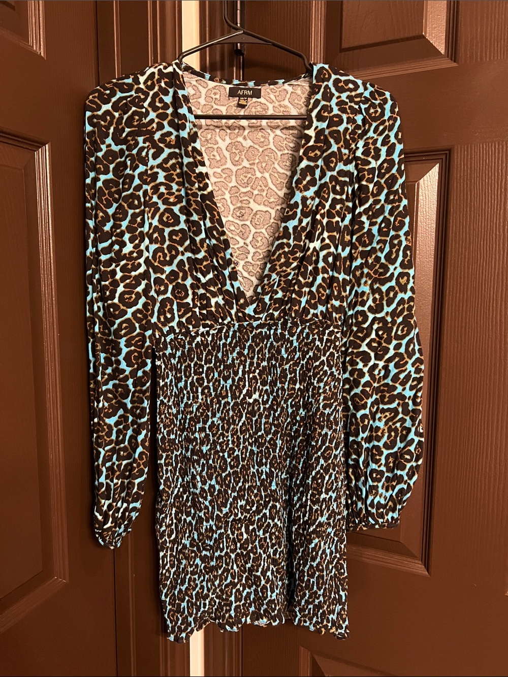 AFRM Teal and Brown Leopard Smocked-Waist Long Sleeve Dress
